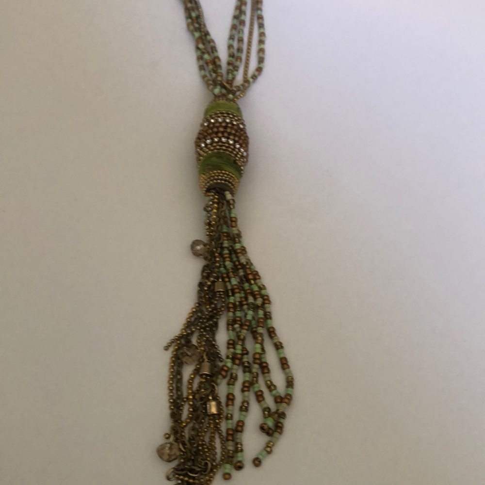 Chico’s  lime green, turquoise gold long  tassel necklace